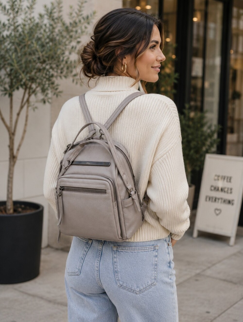 Philo Genuine Leather Convertible Backpack Crossbody Bag Light Gray Pebbled NWT